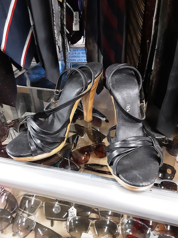 1970s Black Leather and Wood Platform Heel Sandals