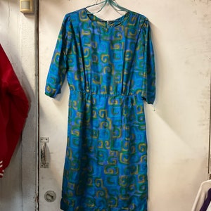 1950s Blue Green Yellow Silk Day Dress
