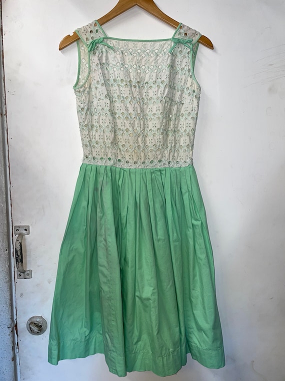 1950s Eyelet Bodice and Mint Green Pleated Dress - image 1