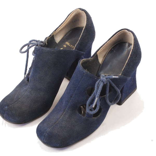 SALE 40s Shoes // 1940s Heels // Womens Oxfords // Mary Janes // Chunky Heels // Navy Blue // Suede Heels // SIZE 5 to 5.5