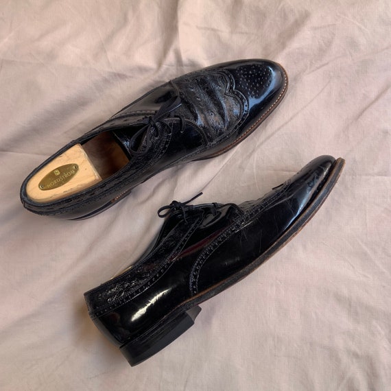 1980s Stacy Adams Black Paten Oxford Wingtip Shoes - Gem