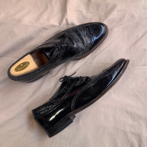 1980s Stacy Adams Black Paten Oxford Wingtip Shoes - Gem