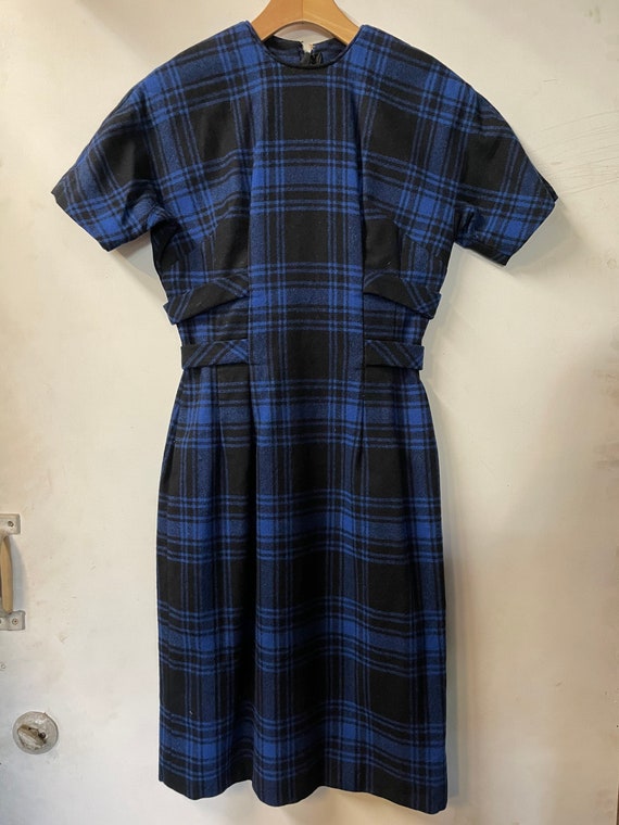 1950s Blue and Black Plaid Dress