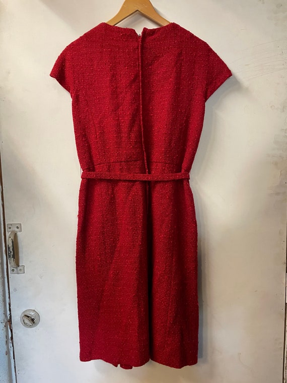 1950s Red Nubby Wool Belted Dress - image 5