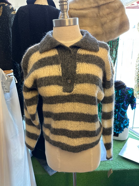 1950s 100% Pure Wool Mohair Grey Striped Sweater - image 1