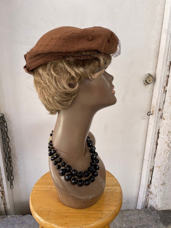 Brown Wool Felt Hat with Mesh Veil - image 5