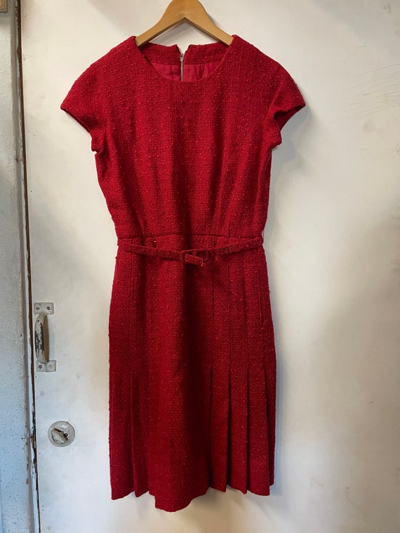 1950s Red Nubby Wool Belted Dress - image 1