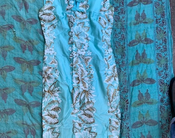 1950s Aqua Hawaiian Tiki Sheath Dress