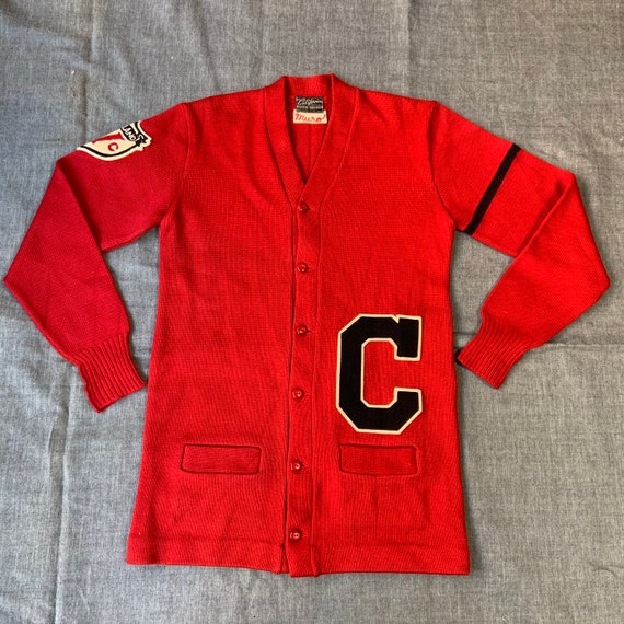 1950s Red Letterman Button Up Sweater - image 1