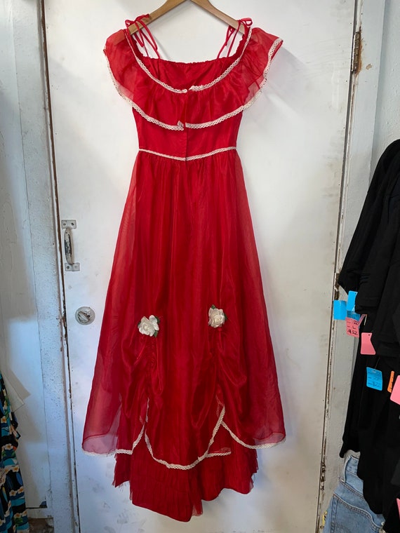 1970s Red Chiffon Southern Belle Maxi Dress - image 6