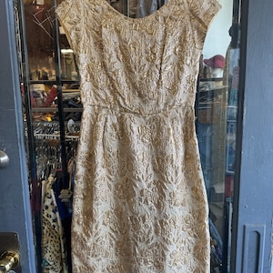 1950s Gold Lurex Shiny Floral Dress