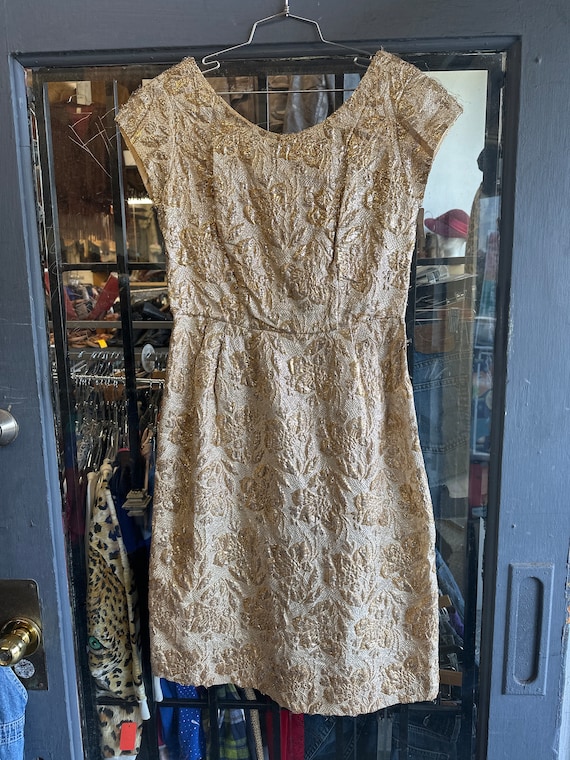 1950s Gold Lurex Shiny Floral Dress