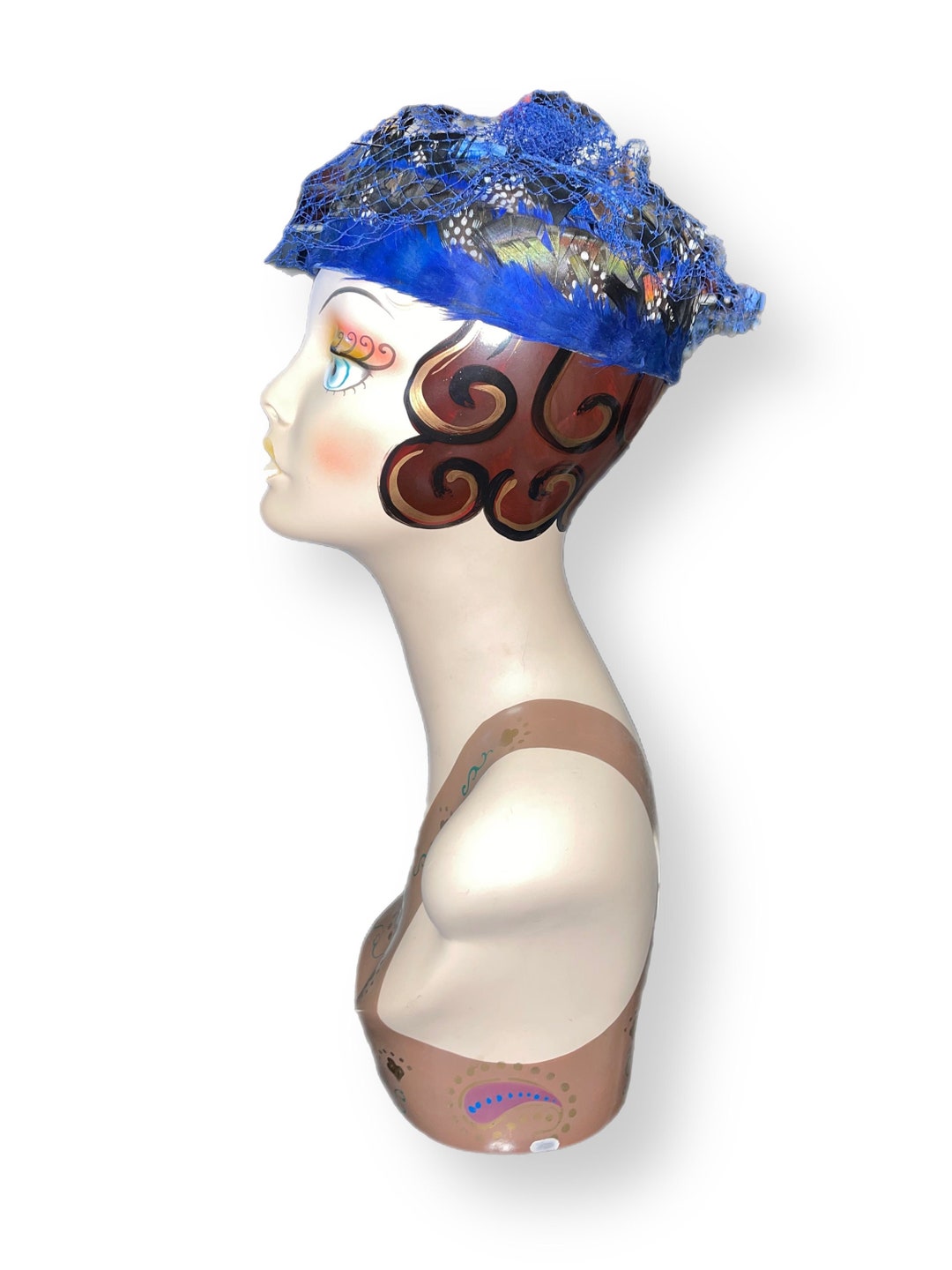 Vintage Womens Elegant Blue Feather Pillbox Hat With Veil Fascinator 60s Women 1920s Vintage Style Wool Felt Fascinator Pillbox Hat  main image 4