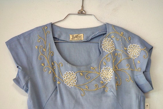 1950’s Zolot Light Blue Beaded Linen Blouse - image 4