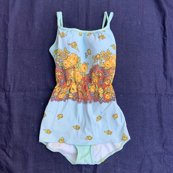 1970s Light Aqua With Yellow Floral Design One Piece Swimsuit | Etsy