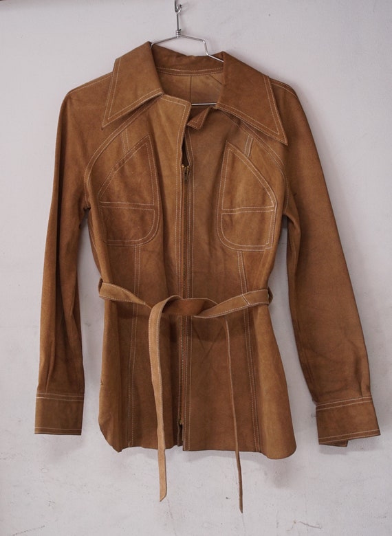 60s 70s Women Tan Suede Belted Jacket Zip Front