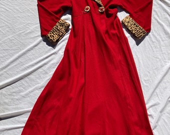 1940s Red Wool Robe/Coat With Leopard Velvet Details