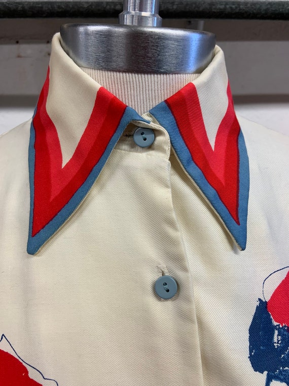 1960s Vera Cream, Pink, and Blue Button Up Blouse - image 3