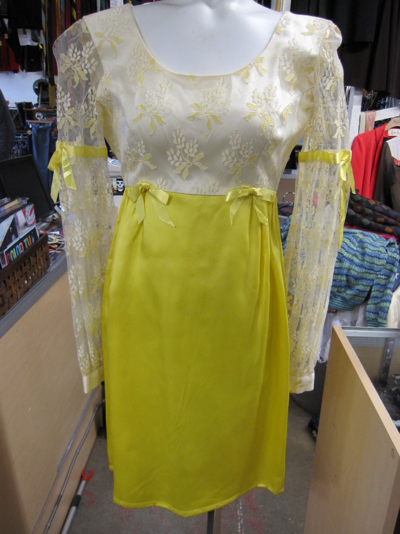 60s Babydoll Dress // Lace Sleeves // Pastel Goth // Yellow Non Traditional Wedding Dress // 1960s Clothing // Lolita // XXS XS image 1