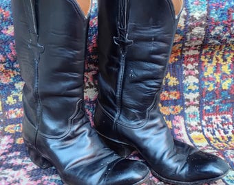 Vintage Lucchese Czarne Skórzane Buty Rozmiar 9.5 // Western Cowboy // 9 1/2 Kowbojki