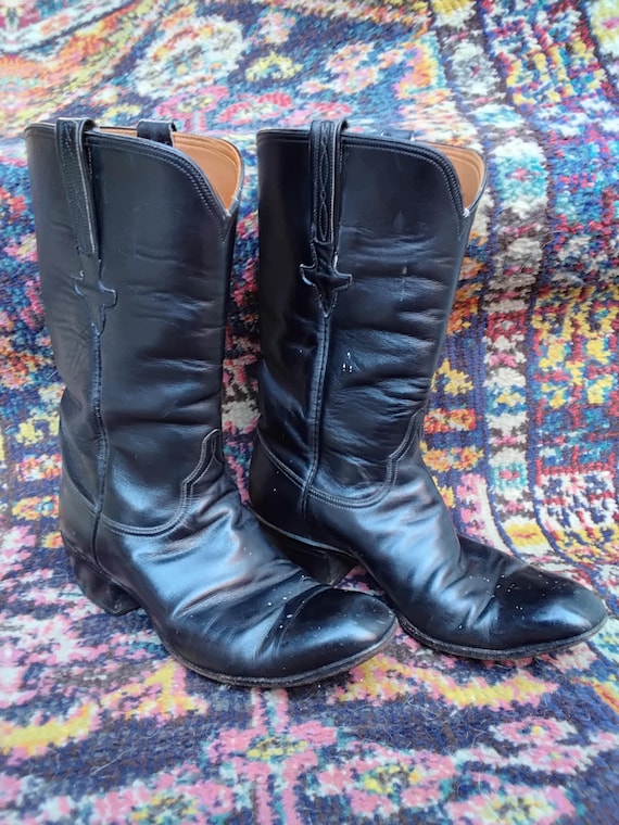 Vintage Lucchese Black Leather Boots Size 9.5 // Western Cowboy // 9 1/2 Cowboy Boots