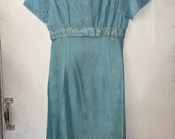 1950s Light Blue Floral Embroidered Silky Dress