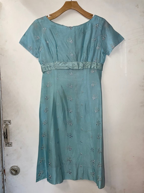 1950s Light Blue Floral Embroidered Silky Dress