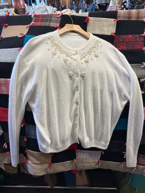 1950s White Beaded Acrylic Sweater