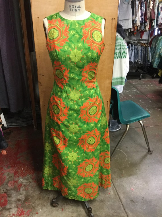 Green and Bright Orange Beautiful Maxi Dress Tiki 