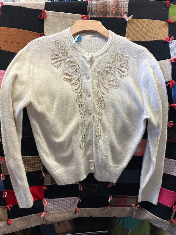 1950s Janice Brent White Beaded Sweater