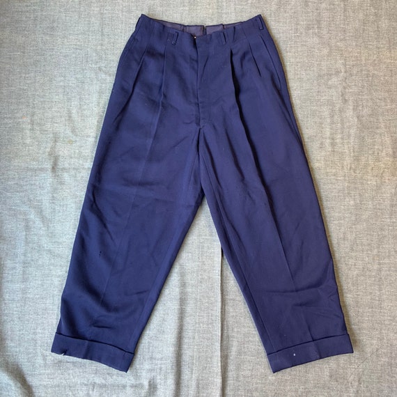 1940s Deep Blue Gaberdine Pleated Trousers