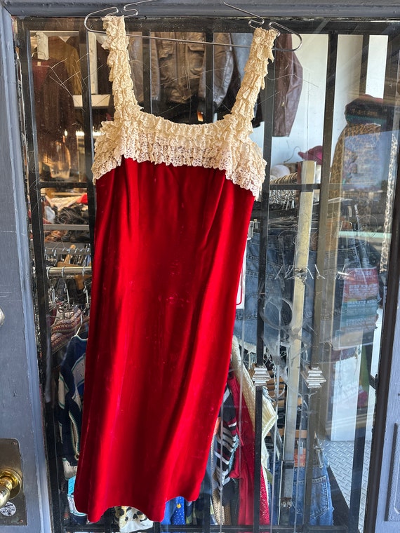 1950s Red Velvet Lace Trim Dress - image 1