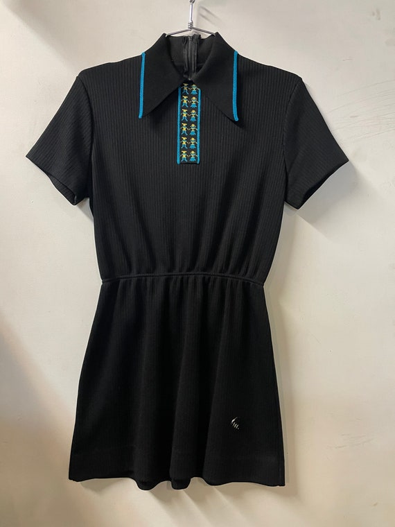 1970s Black Mod Mini Dress with Tipped Collar