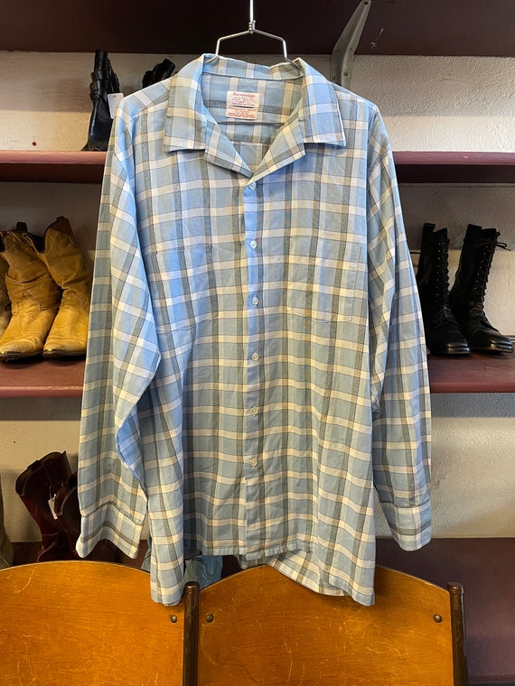 1970s Mens Blue and Grey Button up Collared Shirt