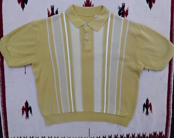 Vintage Mens 1960s Mustard Yellow Mod Knit Polo Top // 60s Knit Shirt // Stripes