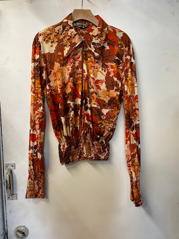 1970s Polyester Zip up Collared Disco Top