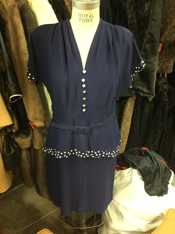 1950s Navy Blue Polka-dot Dot Trim Dress