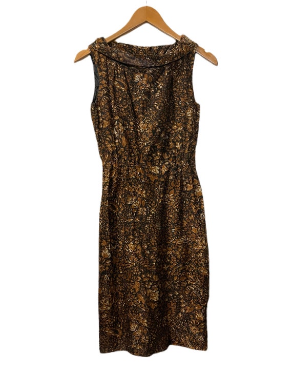 1960s Gold and Black Floral Cocktail Dress - Gem