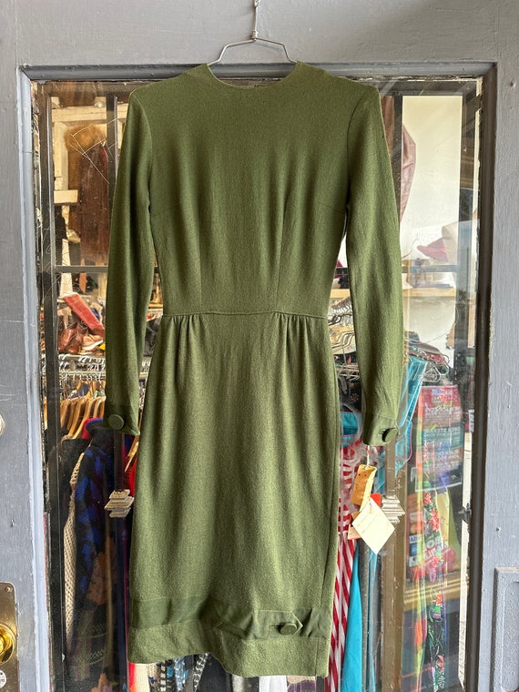 1950s Worsted Wool Deadstock Olive Green Dress
