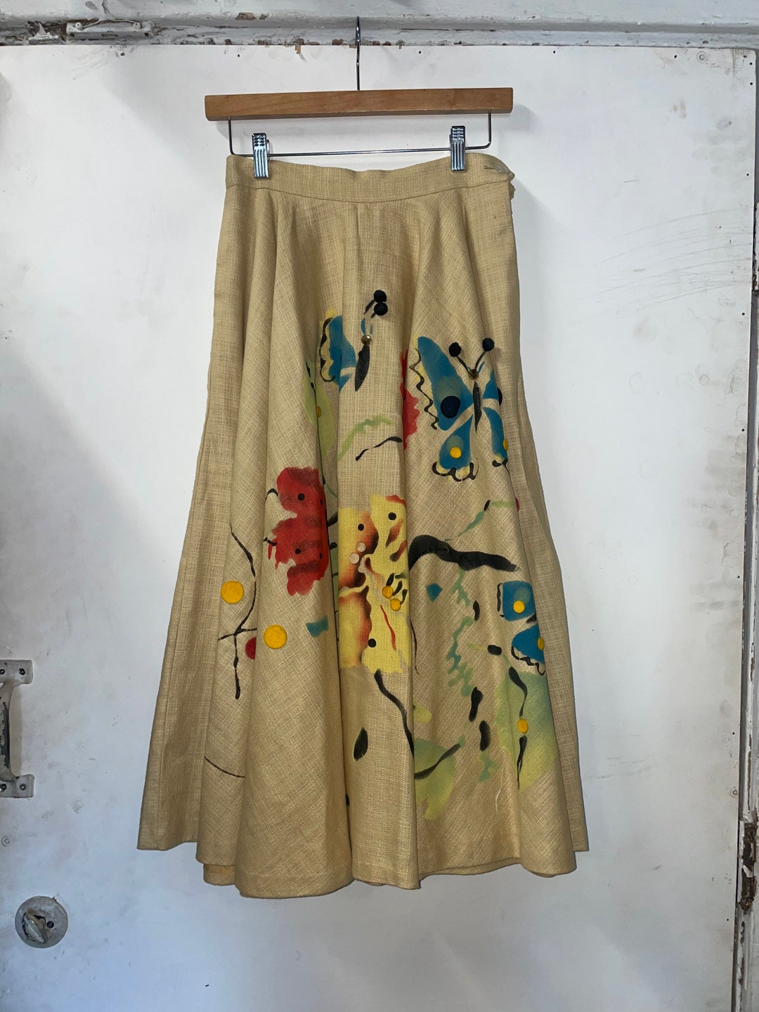1950s Buttery Yellow Black Tulip Print Skirt | XS/S