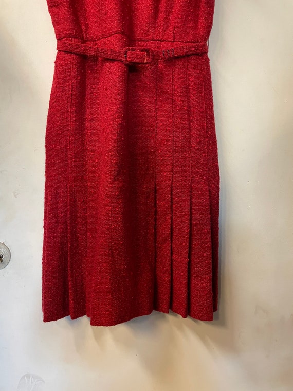 1950s Red Nubby Wool Belted Dress - image 3