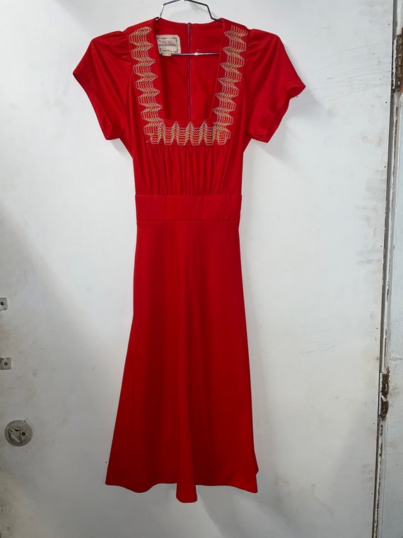 1970s Bright Red / Orange Polyester Dress