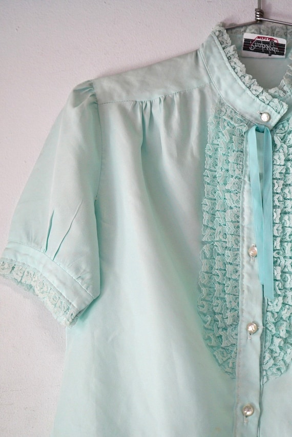 Aqua Puff Sleeve with Ruffle Front