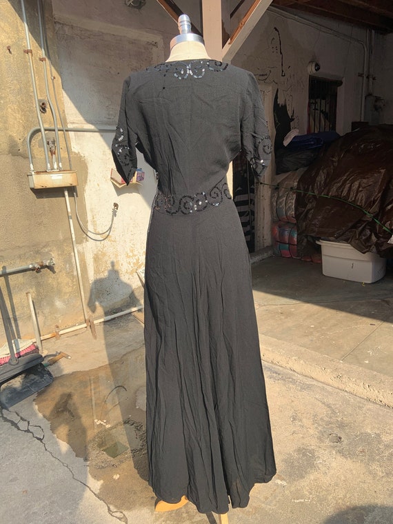 1940s Black Crepe Evening Dress Gown Sequins Pleated