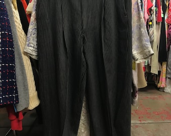 Striped Black and Charcoal/Olive 1940s Cotton/Rayon Trousers with Cuffed Bottoms