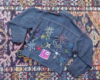 Vintage KIDS 1970s Orange Tab Levi's Denim Jacket // Floral Embroidery Boho // Butterfly Patch // CHILDRENS size 10