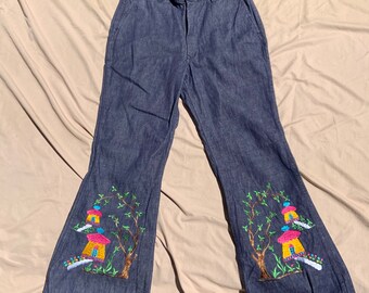 1970s High Waisted Indigo Denim Bellbottoms With Embroidery