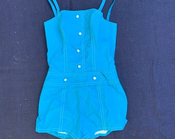 1960s Turquoise One Piece Sunsuit With White Contrast Stitching and Buttons