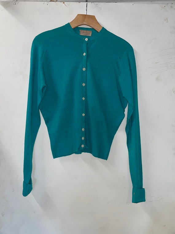 1950s Turquoise Wool Cardigan - image 1