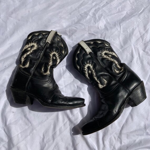 1980s Tony Lama Black and White Leather Cowboy Boo